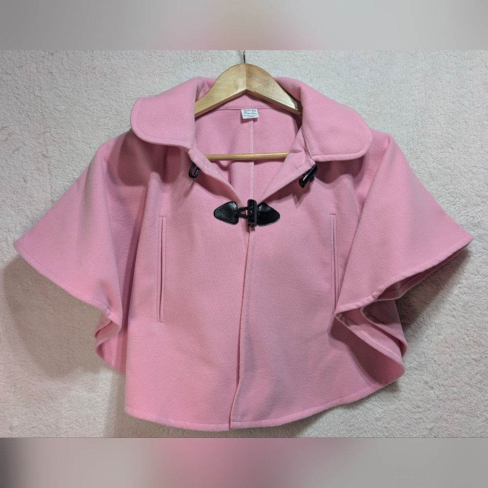 Girls Small 5-7 Pink Cape Coat Buttons Hand Pockets Removable Hood Wool Cotton